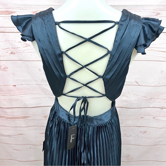 Lulu's Navy Satin Pleated Maxi Dress with Lace-Up Back - Picture 10 of 13